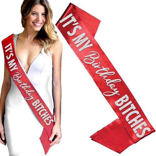 Birthday Sash Red - Silver Sparkle IT'S MY Birthday BITCHES