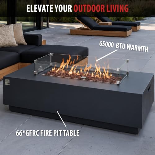 Image of AMS 66 inch Rectangular Concrete Propane Gas Fire Pit Table Bundle, Dark Gray