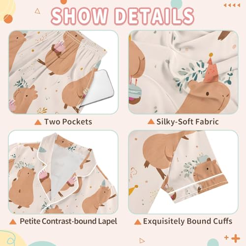Capybara Cake Pajamas Set Soft Satin Pjs Sets 2 Piece Short Sleeve Sleepwear Casual Loungewear3