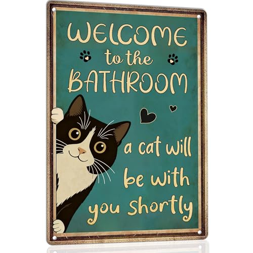 Funny Cat Bathroom Decor Metal Tin Signs - Welcome to the Bathroom Cat Sign A Cat Will Be With You Shortly Sign - Vintage Black Cat Wall Art Restroom Toilet Decor 8x12 Inch