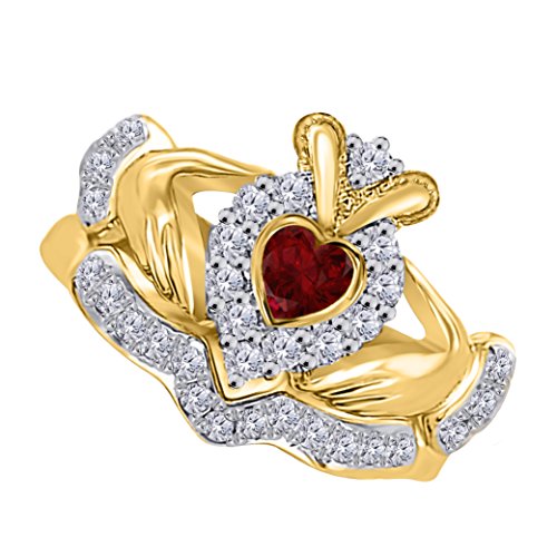 DS Jewels Claddagh Bridal Set for Women 14k Gold Plated Alloy 0.65 ctw Bezal Set Heart Cut CZ Ruby & Cubic Zirconia Wedding Band & Crown Engagement Ring Size 4 to 11