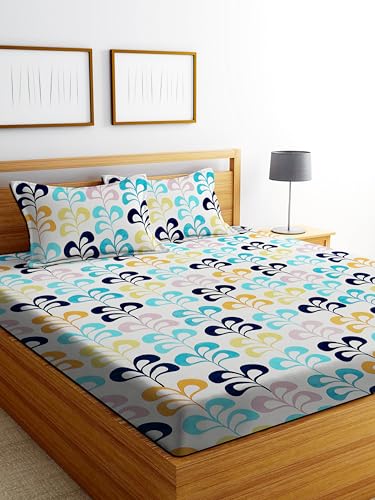 Image of DECORUM Glace Cotton Fitted 1 Bedsheet King Size (72 inchx78 inch) | All Around Elastic | Cotton Feel | 2 Pillow Covers (17 inchx27 inch) | Fits Up to 8 inch Mattress | 200-220 TC | Printed Double Bed Sheet Set