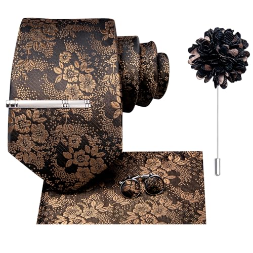 Image of Hi-Tie Brown Ties for Men Floral Jacquard Necktie and Pocket Square Lapel Pin Silver Tie Clip Cufflinks Set Wedding Business 6PCS