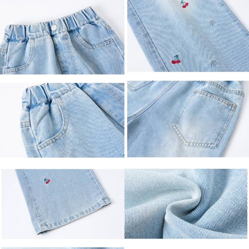 Girls Jeans Cute Embroidered Denim Pants Ribbed Elastic Waist Casual Baggy Wide Leg Pants,5-13 Years3