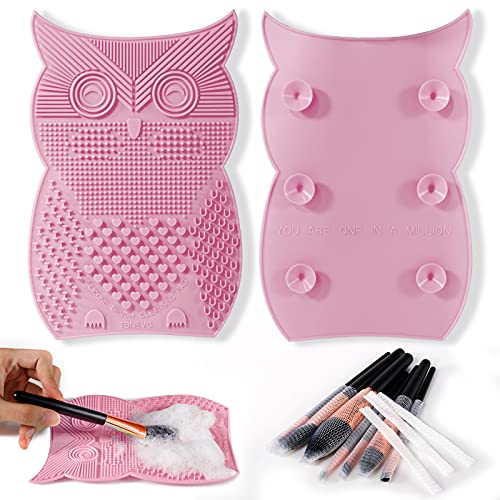 Makeup Brush Cleaning Mat, Make Up Brush Cleaner Silicone Portable Washing Tool Cosmetic Scrubber Cleaner Pad with Suction Cup and 10pcs Makeup Brush Protector (Pink)