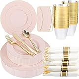 Nervure 175PCS Pink Plastic Plates - Pink Gold Disposable Lace Plate for 25 Guests - 50 Disposable Plates, 25 Pre Rolled Napkins with Cutlery Set, 25 Cups Perfect for Wedding & Party