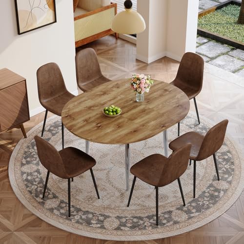 Image of Round Dining Table Set for 6, 42 inch-54 inch Extendable Round to Oval Dining Table, Mid-Century Modern Kitchen & Dining Room Set with Wood Grain Top and 6 Upholstered Chairs, Space-Saving, Easy Assembly