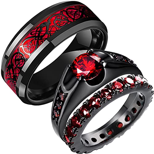 Meilord 2in1 Black Bridal Ring Red Celtic Dragon Ring His and Hers Wedding Ring Sets Couples Rings for Lover Anniversary Engagement Promise Rings Bridal Sets