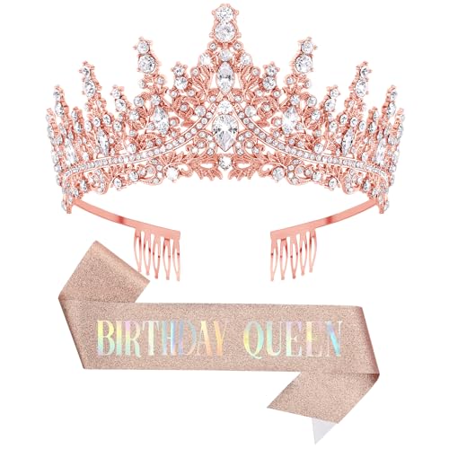 DRESHOW Couronne et Écharpe d'Anniversaire pour Femmes Couronne de Reine et Diadème en Strass Diadèmes et Écharpes d'Anniversaire pour filles Décorations...