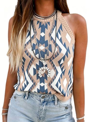 Image of MARZXIN Women Sleeveless Sweater Tank Round Neck Casual Aztec Geometric Knit Sweater Top