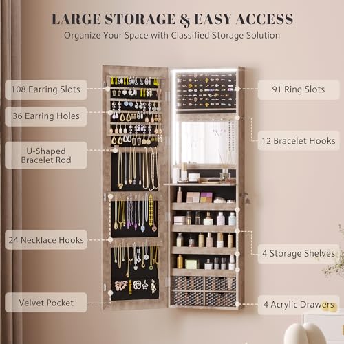Image of Vlsrka 47.2 inch LED Jewelry Cabinet, Wall Mounted Jewelry Mirror Organizer