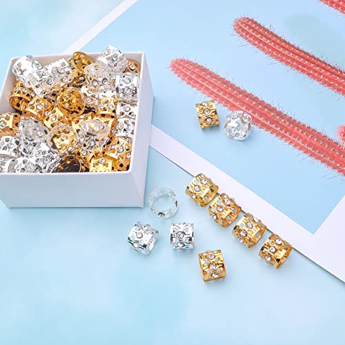 50Pcs Rhinestone Dreadlocks Beads Alloy Hair Ring Decoration Braiding Hair Braid Cuff Clip Beard Hollow Heart Tube Beads Accessories For Women Men Girls, Golden And Silver #TOP6