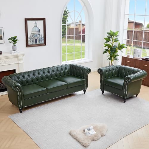 Image of QHITTY 2 Piece Living Room Set, Chesterfield Sectional Sofa Chair Contemporary Upholstered Leather Loveseat Couch Sets for Living Room, Bedroom, Office (Green)