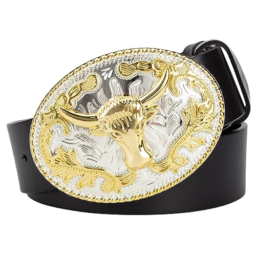 Belt Men Bull, Western Cowboy Belts for Men Golden Bull Leather Belt,Black,110CM/43.3''