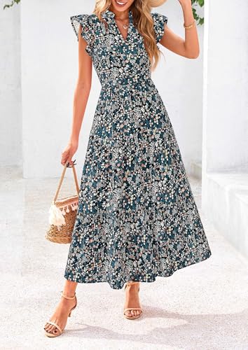 Image of PRETTYGARDEN Women's 2026 Summer Floral Midi Dress Cap Sleeve V Neck Ruffle Long Flowy Boho Casual Beach Vacation Dresses