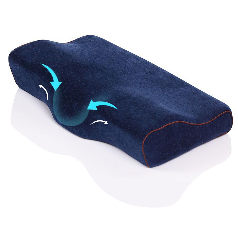 Gluckluz Memory Foam Pillow Bed Neck Pillow Cervical Orthopedic Contour Pillow Neck Sleep Pillow Ergonomic Shoulder Support Pain Relief Side Back Stomach Sleeper for Sofa Hotel Bedroom Office, Blue