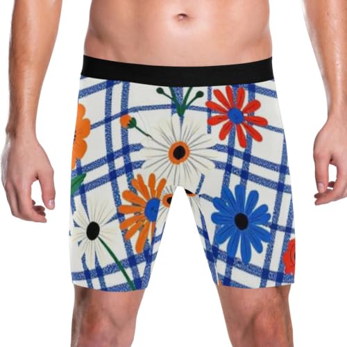Yoogain Calzoncillos tipo bóxer de pierna larga para hombre, Cuadros de flores rojas, blancas y azules, XL