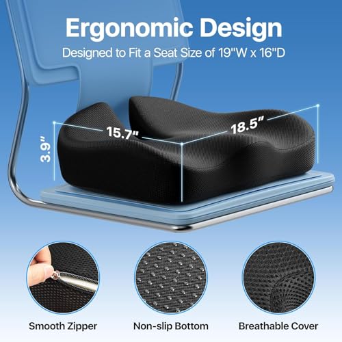 Image of Pro Coccyx Seat Cushion, Extra Large Memory Foam Cushion for Office Chair Cushions, Ergonomic Cushions Pad Pillow for Pressure Relief Sciatica & Pain Relief for Long Sitting (Black)