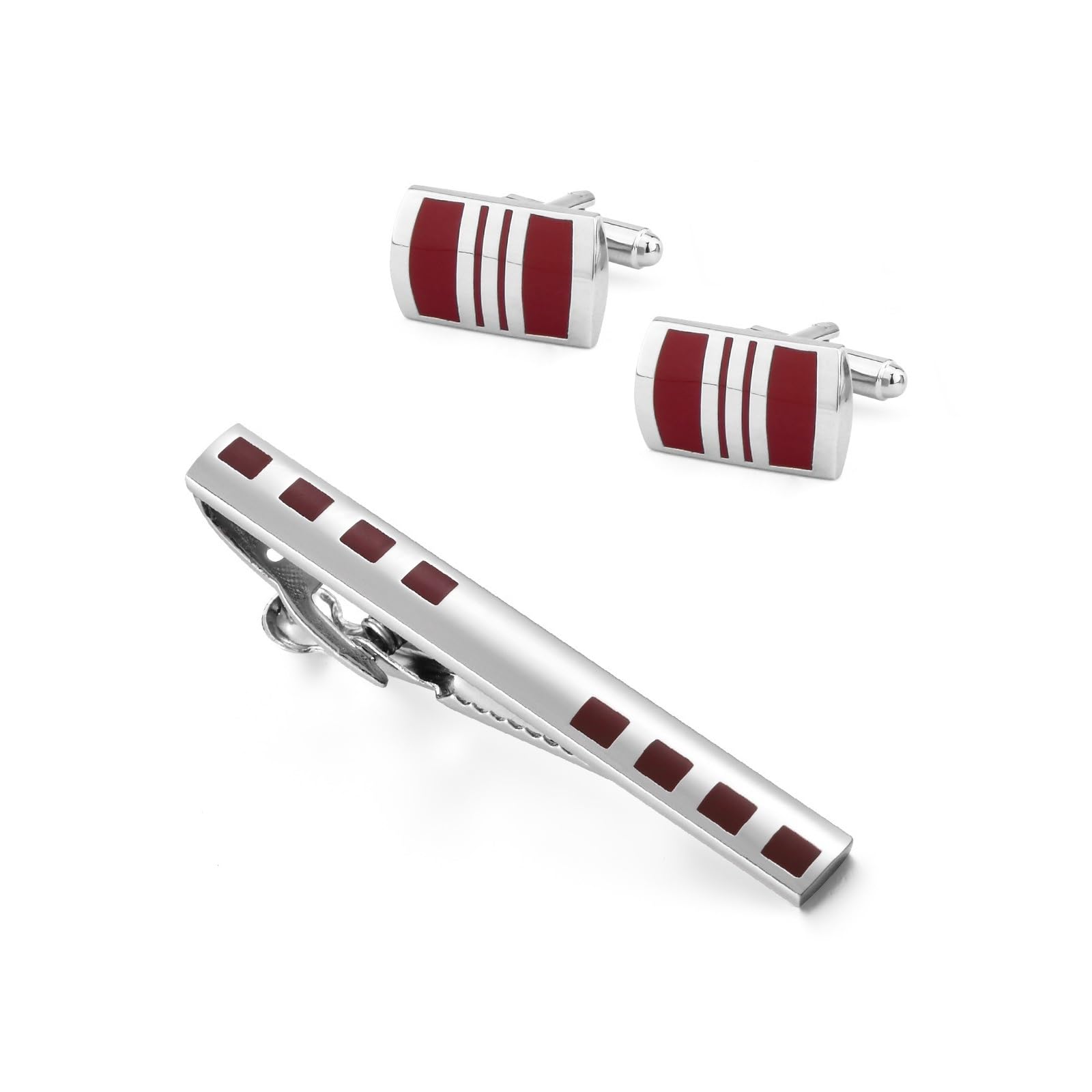 Juego de Gemelos y Pasador de Corbata para Hombre, Estilo Informal, con Esmalte Rojo y Estilo francés.