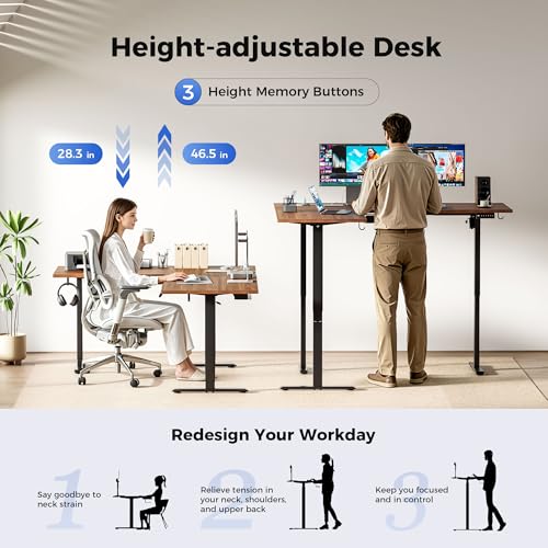 Image of Agilestic Electric L Shaped Standing Desk 63 x 48 Inch with Power Outlet, Height Adjustable Corner Stand up Desk with Cable Management,Sit Stand Home Office Workstation with Splice Board, Dark Walnut