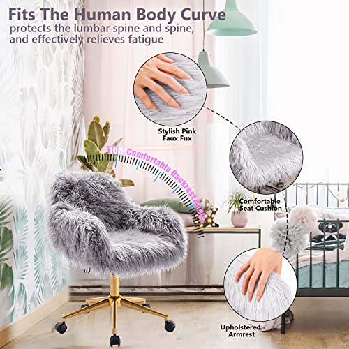 Homvent Faux Fur Home Office Chair,Faux Fur Vanity Chair For Women Girl,Modern Faux Fur Accent Chair Furry Makeup Desk Chairs With Rolling Wheels Armrest For Living Room Bedroom Office Vanity Grey #TOP3