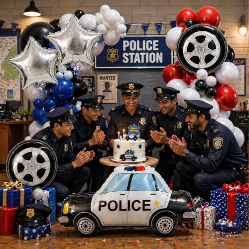 Image of Rozi Decoration Police Theme Birthday Decoration Kit 45 Pcs with Police Car Foil, Star & Wheel Balloons and Red, Blue, Black, White Latex Balloons Set for Kids Party Decoration