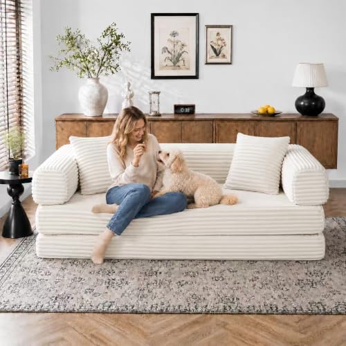 Image of AUGOP Futon Sofa Bed Boneless Couch for Living Room,Pull Out Couch with Sleeper Sofa,Day Bed Couch with Storage Pocket,Removable Corduroy with 2 Pillow