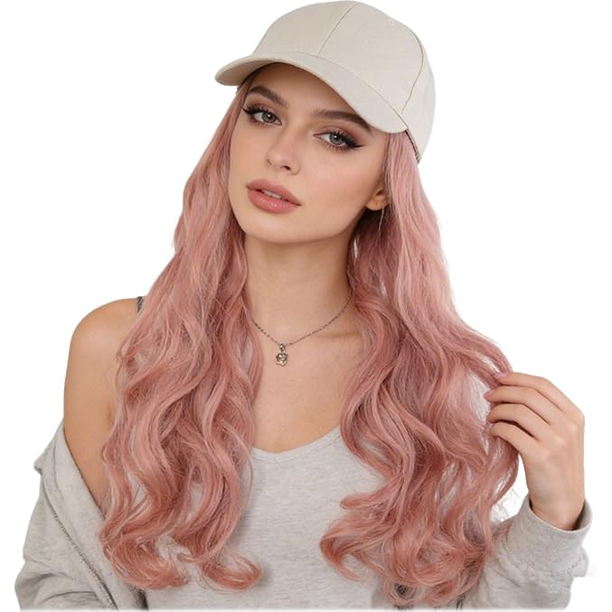 Women's Long Pink Curly Wig Cap With Baseball Cap Beige Hat Wig for Party Dress Up Accessory Daily Wear