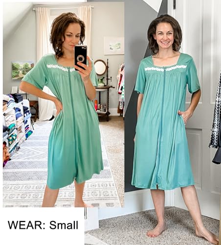 Image of Ekouaer Women Zipper Robe Short Sleeves House Coat Zipper Front Bathrobe Sleepwear with Pockets Housecoat Nightgown