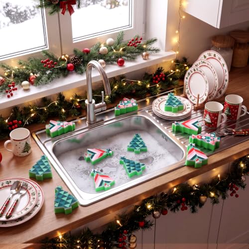 Image of Tioncy 12 Pack Christmas Tree Kitchen Sponges Bulk Colorful Geometric Tree Dual Sided Scrubber Sponges Dishwashing Kitchen Cleaning Accessories for Home Decor Household Supplies