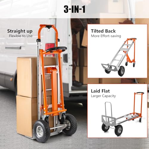 Hitgrand 3in1 Convertible Hand Truck, Aluminum Hand Trucks 880 lb Capacity, Utility Dolly Cart Converts from Hand Truck Dolly to Platform Cart 3 Positions for Transport & Moving with 10" Rubber Wheels