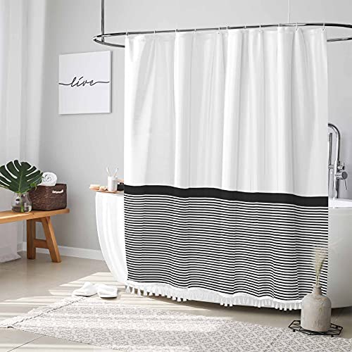 Seasonwood Black And White Tassel Shower Curtain Striped Shower Curtain With Tassels For Bathroom Decor,Heavy Weighted 72-Inch Strip Bathroom Curtains, 72 X 72 #TOP1