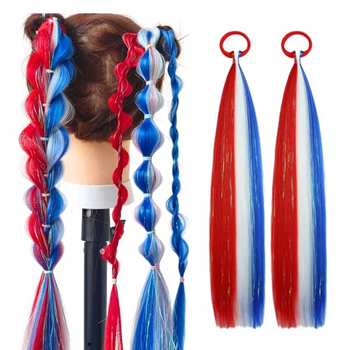 Red White Blue Hair Extensions for Braids Tie in Ponytail Extension 2 Packs 16 inch Crazy Hair Day Accessories for Women DIY Festival Wacky Rave Braids for 4th of July