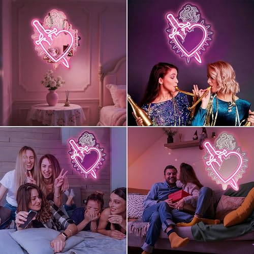 Image of Heart Shaped Mirror Neon Sign, LED Vanity Wall Light for Makeup Table, Bedroom or Dressing Area, Romantic Wall Decoration with Adjustable Brightness, 17.3 inch x 14.7 inch