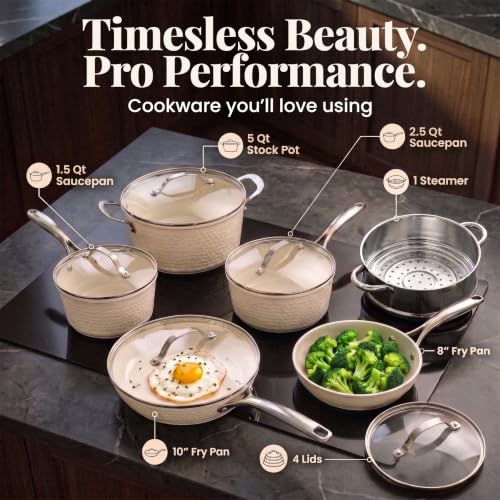 GOTHAM STEEL HAMMERED 10 Pc Titanium Ceramic Cookware Set Nonstick, Cream - Image 3