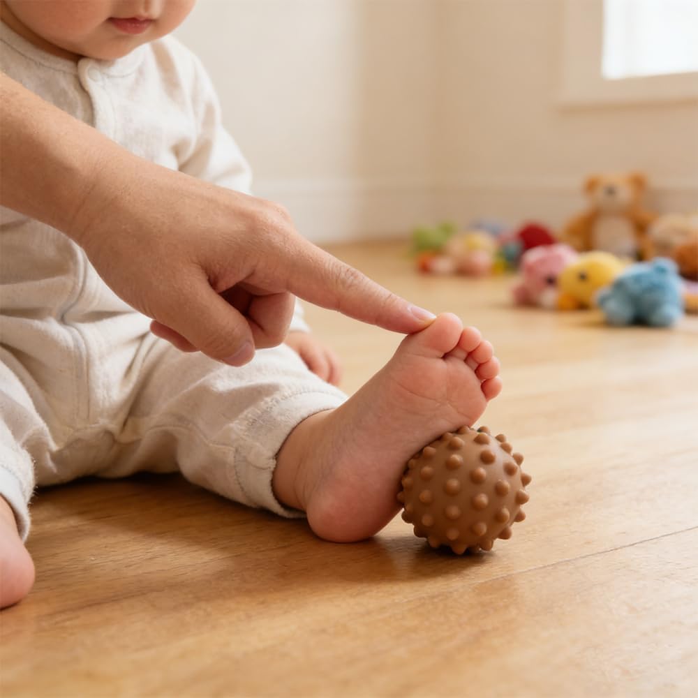 Baby Sensory Massage Balls with Rattle, 4 Pack Silicone Infant Tactile Stimulation Toys for Babies 0 Months and Up, Animal Textured Squeeze Balls for Sensory Play & Baby Massage