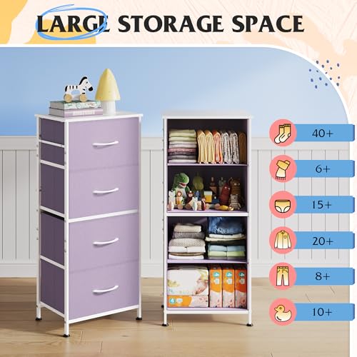 Image of WLIVE Dresser with 4 Drawers, Storage Tower, Organizer Unit, Fabric Dresser for Bedroom, Hallway, Entryway, Closets, Sturdy Steel Frame, Wood Top, Easy Pull Handle, Purple