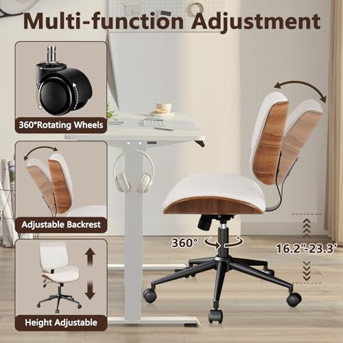 Image of CLATINA Office Desk Chair, Armless Home Chair with Wheels, Adjustable Height Reading Chair, Leather Mid Back & Swivel Computer Chair, Modern Walnut Chairs with Back for Studio Meeting Room(White)