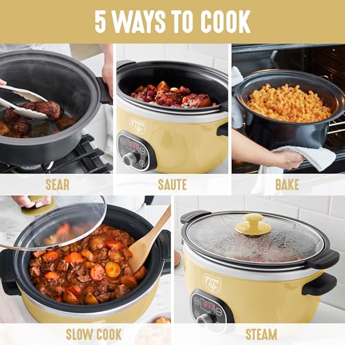 Image of GreenLife 6QT Slow Cooker, Non-Toxic PFAS-Free Ceramic Nonstick Removable Interior Bowl, Programmable, Family Friendly, Keep Warm, Stovetop & Oven Safe, Dishwasher Safe Crock, Timer, Glass Lid, Yellow
