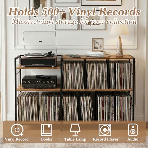 Image of Faesun Vinyl Record Player Stand, Black | Record Storage Shelf Up to 500+ vinyl records, Turntable Stand with power outlets,vinyl record cabinet for Living Room