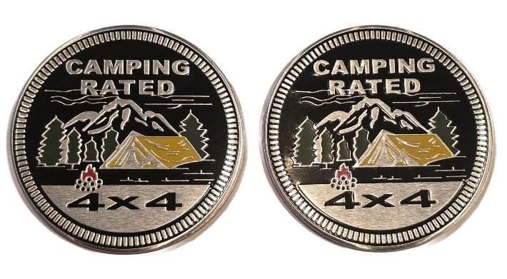 Muzzys (Set of Two) Metal Camping Rated 4x4 Badges 2.4 Round USA Fender Emblems Fits Jeep Wrangler Grand Cherokee Liberty Bronco Trail Rated USA YJ TJ JK JL FJ RZR Can Am Stick On Overlander 4WD