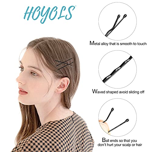 Hoyols Bobby Pins Black, Premium Hair Pins, Secure Hold Wavy Slide Proof Hair Styling Pins Open Bulk With Case 100 Count, 2 3/8 Inch (Black) #TOP2