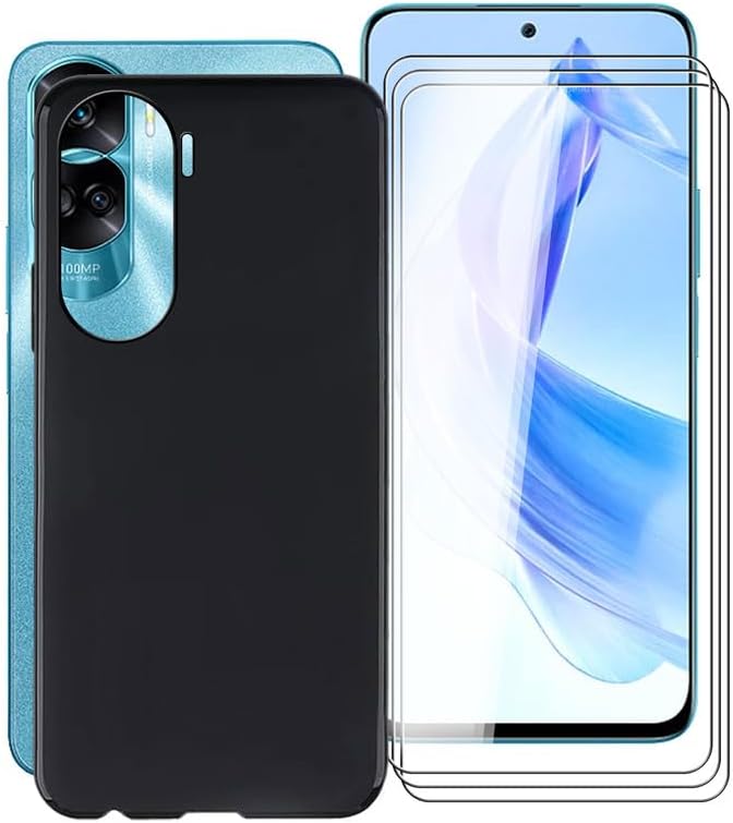 for Honor X50i Case, with 3 x Tempered Glass Protective Film, Black Soft Silicone Protection Sleeves Shockproof Bumper Case for Honor X50i (6.7") -