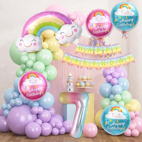 Image of Set of 59 Pcs 7th Birthday Decoration Kit with Number 7 Foil Balloon, Rainbow Foil Balloon, Happy Birthday Banner, Round Foil Balloons and Pastel Latex Balloons for Party Decoration