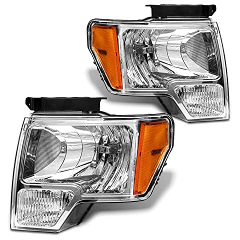 ADCARLIGHTS 2009 2010 2011 2012 2013 2014 Ford F150 Pickup Headlight Assembly for 09-14 Ford F150 Clear Lens Chrome Housing with Amber Reflector Headlamp Replacement Left and Right Pair Cover