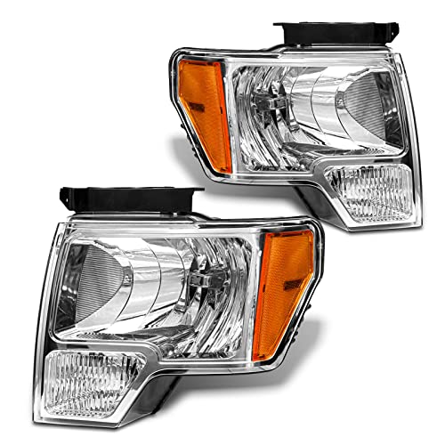 ADCARLIGHTS 2009 2010 2011 2012 2013 2014 Ford F150 Pickup Headlight Assembly for 09-14 Ford F150 Clear Lens Chrome Housing with Amber Reflector Headlamp Replacement Left and Right PairW/O Bulbs