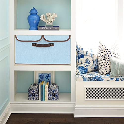Shellkingdom Large Storage Bins, Foldable Linen Fabric Storage Cubes Organizer With Lid, Leather Handles, Removable Divider For Home, Closet, Toys, Cloth Storage Boxes - 16.5X11.8X9.8'', 2 Pack (Blue) #TOP1