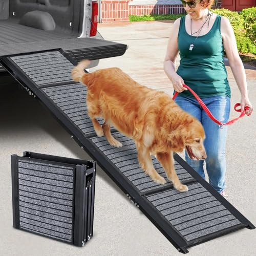 180CM Foldable Dog Car Ramp, 43cm Widen Dog Steps for Large Dogs with Non-Slip Surface, Portable Aluminum Folding Pet Ramp for Dogs, Lightweight Dog Stairs for Cars SUV & Trucks, Supports up to 110KG