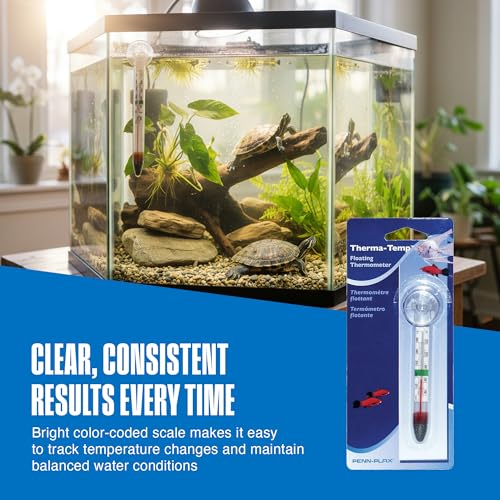 Image of Penn-Plax Therma-Temp Floating Aquarium Thermometer - Easy to Read - Temperature Gauge with Optional Suction Cup & Removable Mount - Safe for Freshwater & Saltwater Tanks - Multicolor, 4.25 Inches
