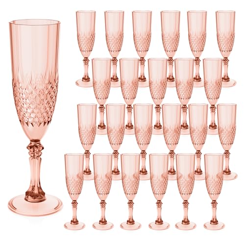 LEYIQU Plastic Champagne Flutes Champagne Glasses Bulk Reusable Unbreakable Acrylic Wine Glasses Goblets for Weddings Bachelor Parties Toasting Bridal Shower (24 Rose Gold)